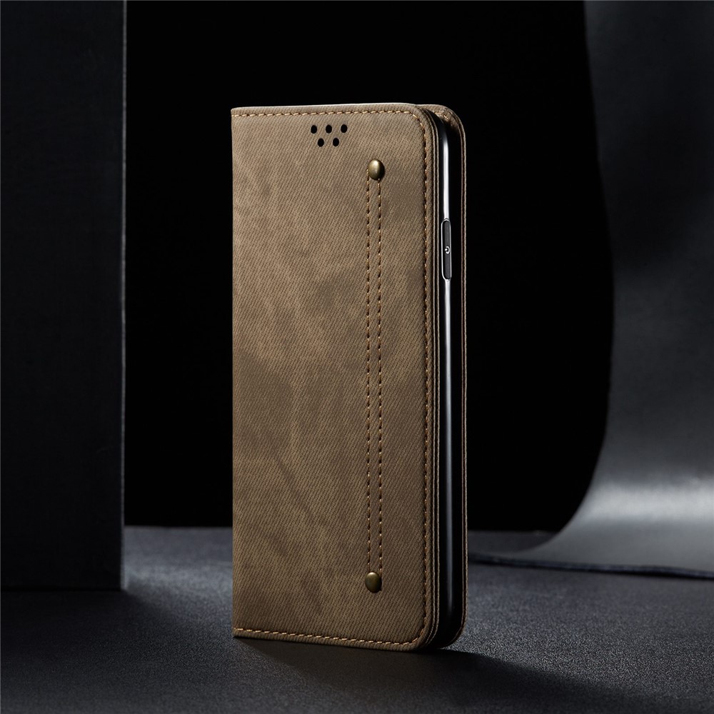 For Honor 70 5G Shockproof Phone Case Jeans Cloth Texture PU Leather Auto Magnetic Closed Flip Wallet Stand Cover - Khaki-6