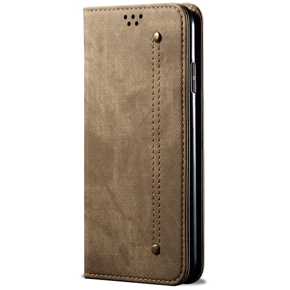 For Honor 70 5G Shockproof Phone Case Jeans Cloth Texture PU Leather Auto Magnetic Closed Flip Wallet Stand Cover - Khaki-7