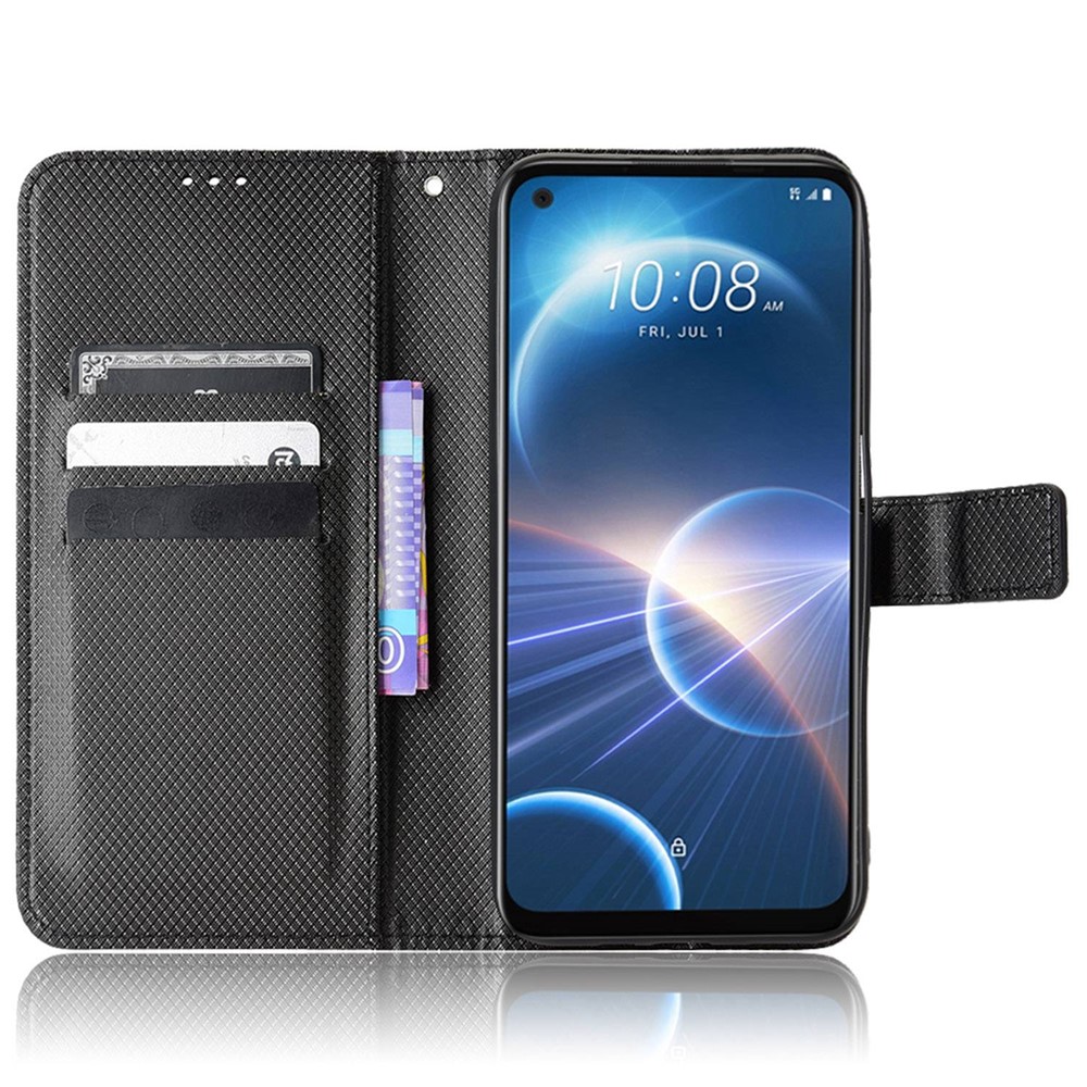 For HTC Desire 22 Pro 5G Drop-proof Phone Flip Wallet Case Non-slip Grip Diamond Texture PU Leather Cover Stand Card Holder with Wrist Strap - Black-2