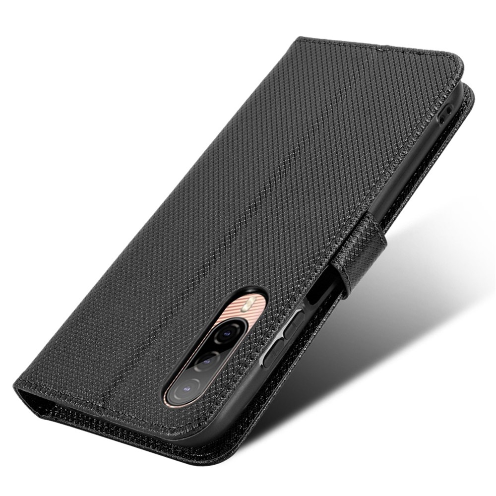 For HTC Desire 22 Pro 5G Drop-proof Phone Flip Wallet Case Non-slip Grip Diamond Texture PU Leather Cover Stand Card Holder with Wrist Strap - Black-4