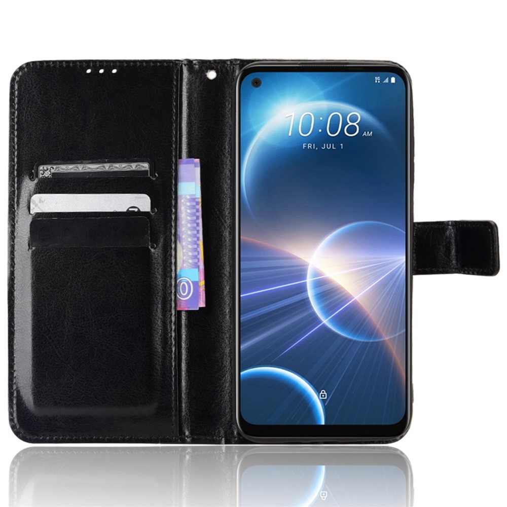 For HTC Desire 22 Pro 5G Cell Phone Wallet Case Crazy Horse Texture PU Leather+TPU Stand Cover Protective Shell - Black-2