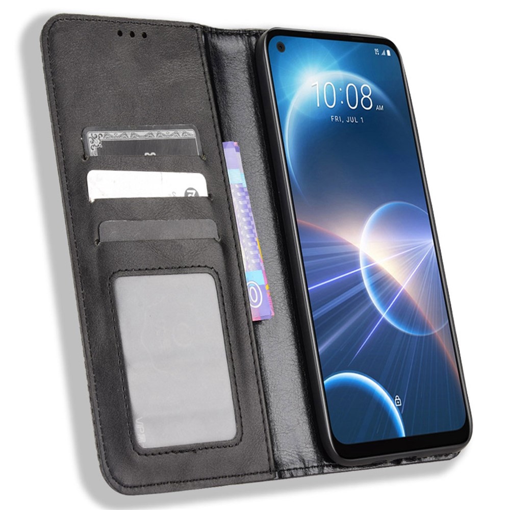 For HTC Desire 22 Pro 5G Auto Closing Magnetic Retro PU Leather Wallet Design Case Stand Function Phone Shell Cover - Black-2