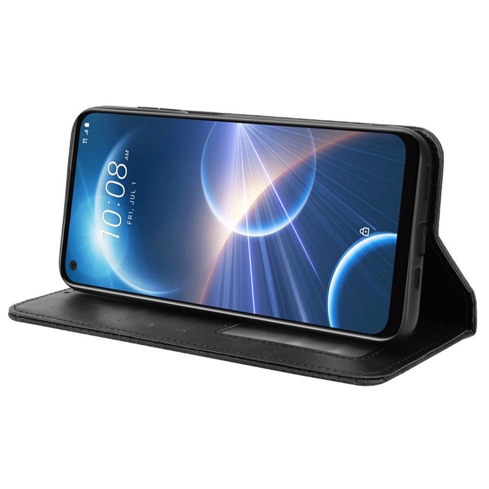 For HTC Desire 22 Pro 5G Auto Closing Magnetic Retro PU Leather Wallet Design Case Stand Function Phone Shell Cover - Black-3