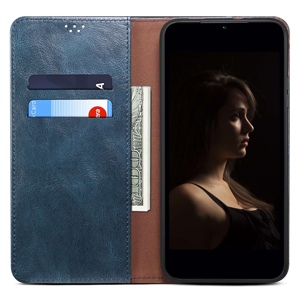 Anti-drop Waxy Crazy Horse Texture Phone Case for Xiaomi Poco M4 5G, PU Leather Magnetic Auto-absorbed Stand Wallet Cover - Blue-2