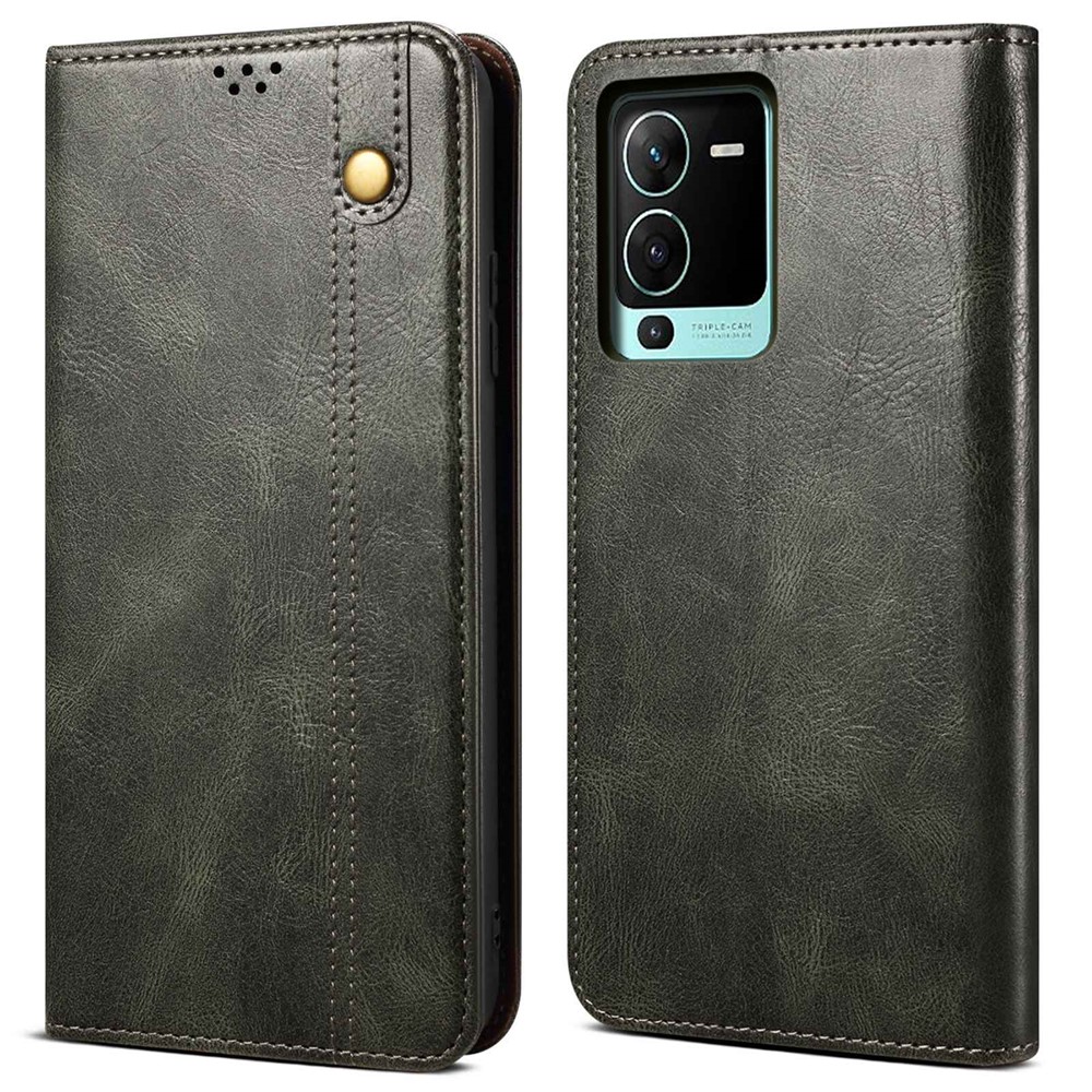 For vivo S15 5G Anti-fall PU Leather Mobile Phone Cover Wear-resistant Waxy Crazy Horse Texture Wallet Case Stand - Green-1