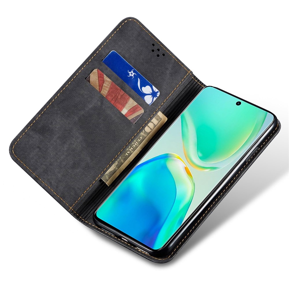 For vivo S15 Pro 5G Drop-proof Flip Wallet Case Stand Jeans Cloth Texture PU Leather Shell Protective Mobile Phone Cover - Black-2