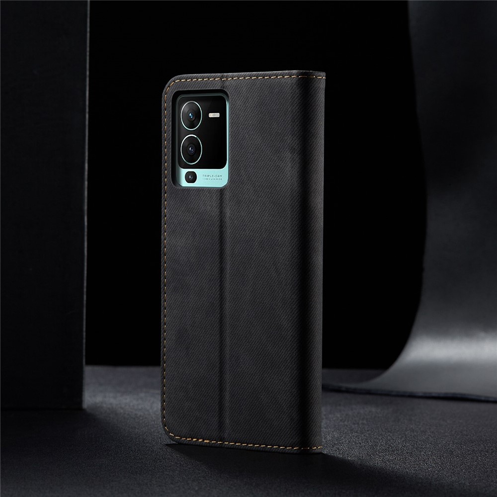 For vivo S15 Pro 5G Drop-proof Flip Wallet Case Stand Jeans Cloth Texture PU Leather Shell Protective Mobile Phone Cover - Black-7
