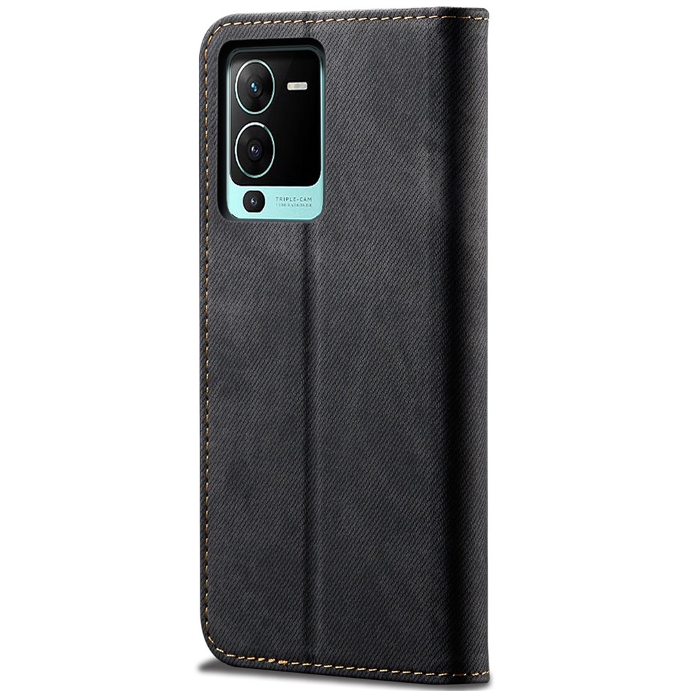 For vivo S15 Pro 5G Drop-proof Flip Wallet Case Stand Jeans Cloth Texture PU Leather Shell Protective Mobile Phone Cover - Black-9