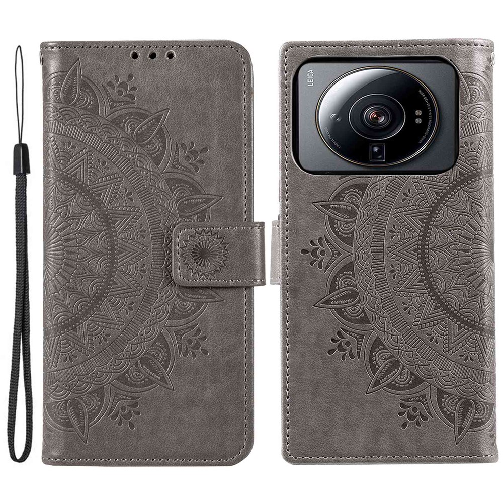 For Xiaomi 12S Ultra 5G / 12 Ultra 5G Mandala Flower Pattern Imprinted PU Leather Hand Strap Design Magnetic Anti-fall Cover Stand Wallet Style Case - Grey-1