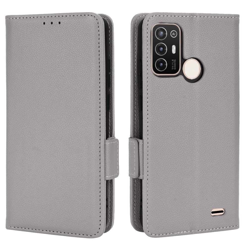 For ZTE Blade A52 Fall Proof Cell Phone Case Magnetic Wallet Stand PU Leather Litchi Texture Shell - Grey-1