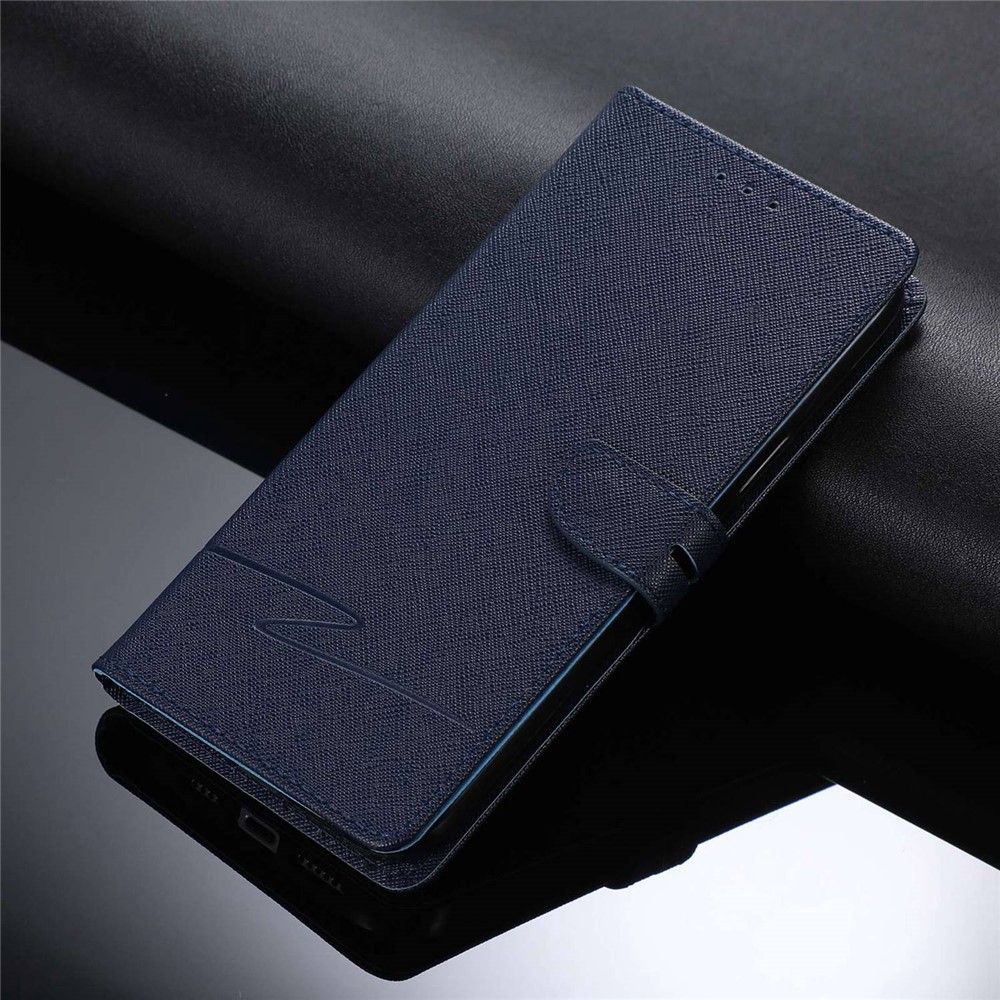 For Samsung Galaxy S21 FE 5G Phone Case Cross Texture Folio Flip Leather Stand Case Wallet Style Phone Cover with Strap - Blue-5