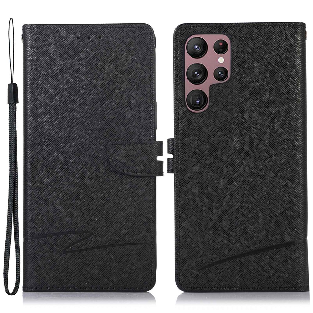 For Samsung Galaxy S22 Ultra 5G Anti-scratch Phone Case Cross Texture Drop-proof Leather Stand Case Wallet Phone Cover - Black-1