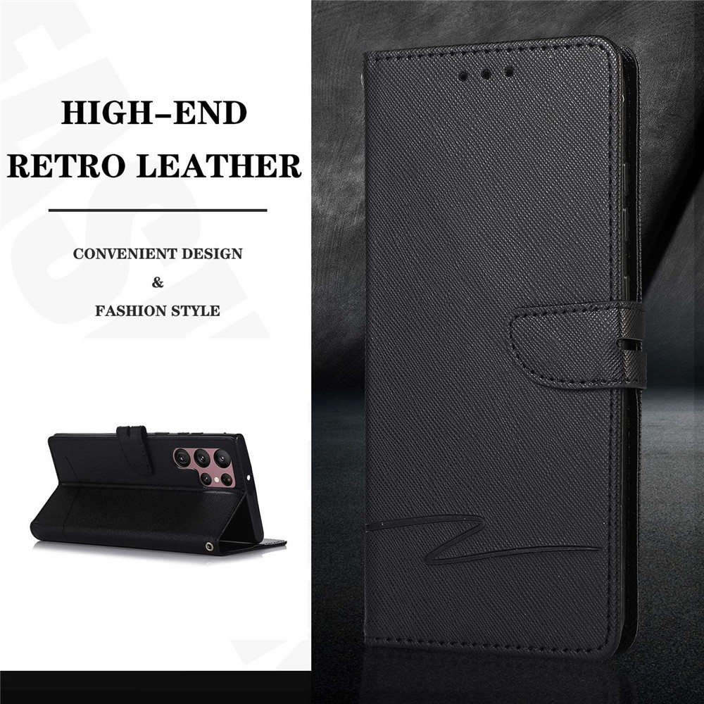 For Samsung Galaxy S22 Ultra 5G Anti-scratch Phone Case Cross Texture Drop-proof Leather Stand Case Wallet Phone Cover - Black-4