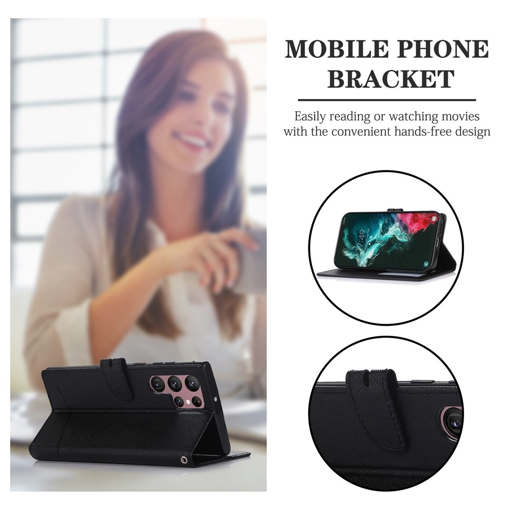 For Samsung Galaxy S22 Ultra 5G Anti-scratch Phone Case Cross Texture Drop-proof Leather Stand Case Wallet Phone Cover - Black-5