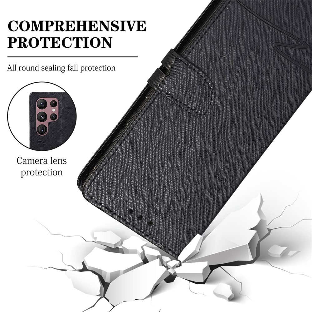 For Samsung Galaxy S22 Ultra 5G Anti-scratch Phone Case Cross Texture Drop-proof Leather Stand Case Wallet Phone Cover - Black-6