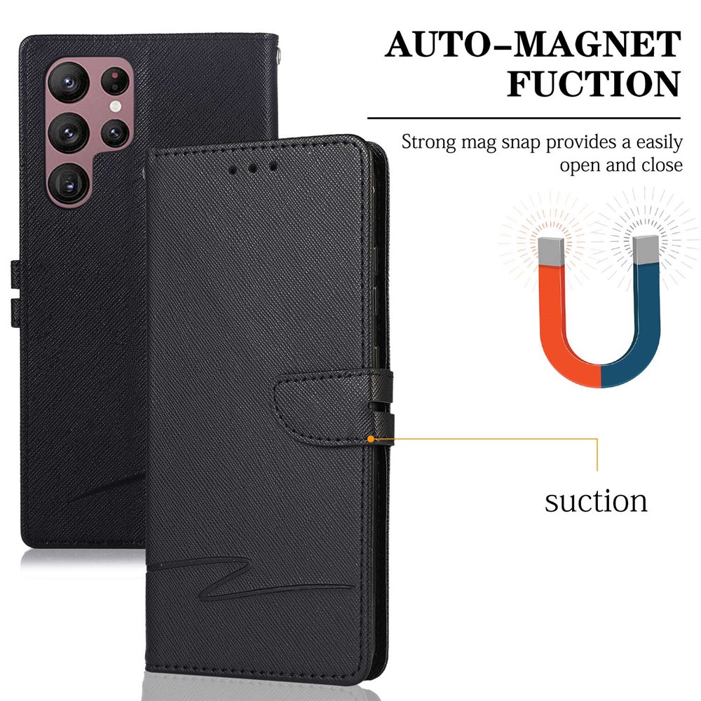 For Samsung Galaxy S22 Ultra 5G Anti-scratch Phone Case Cross Texture Drop-proof Leather Stand Case Wallet Phone Cover - Black-8
