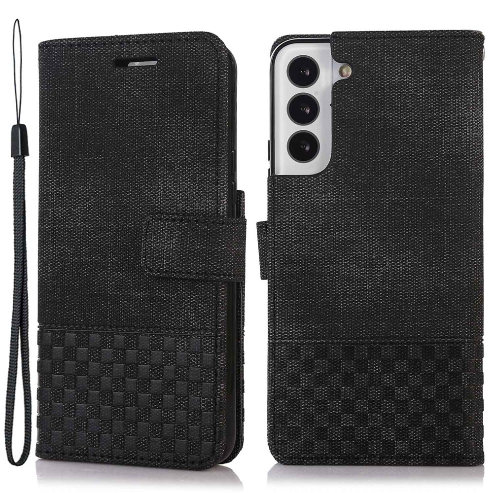 For Samsung Galaxy S22+ 5G Cloth Texture PU Leather Magnetic Clasp Phone Case Full Coverage Stand Wallet RFID Blocking Cover - Black-1