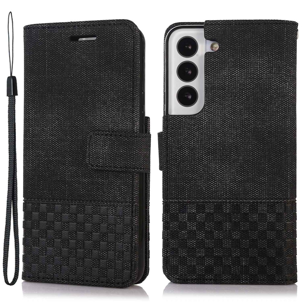For Samsung Galaxy S22 5G Cloth Texture PU Leather Magnetic Clasp Phone Case All-round Protection Stand Wallet RFID Blocking Cover - Black-1