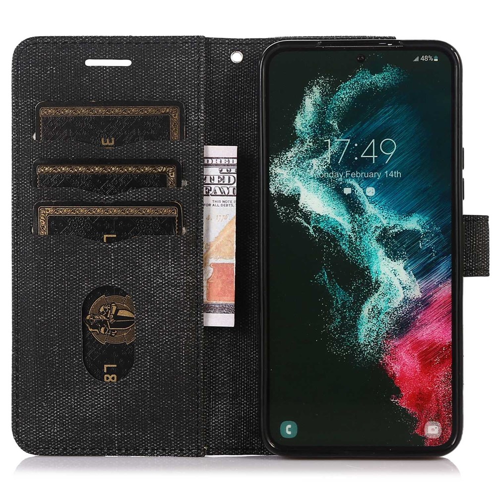 For Samsung Galaxy S22 5G Cloth Texture PU Leather Magnetic Clasp Phone Case All-round Protection Stand Wallet RFID Blocking Cover - Black-2