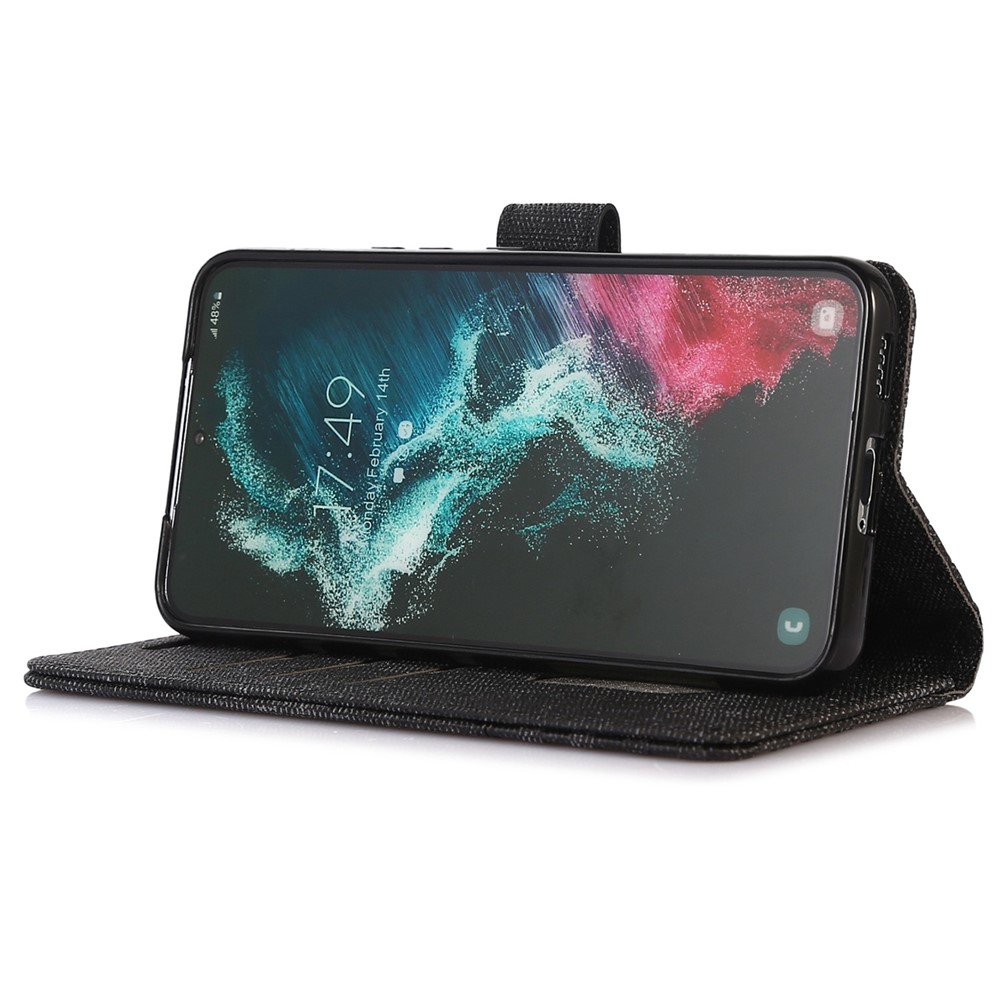 For Samsung Galaxy S22 5G Cloth Texture PU Leather Magnetic Clasp Phone Case All-round Protection Stand Wallet RFID Blocking Cover - Black-3