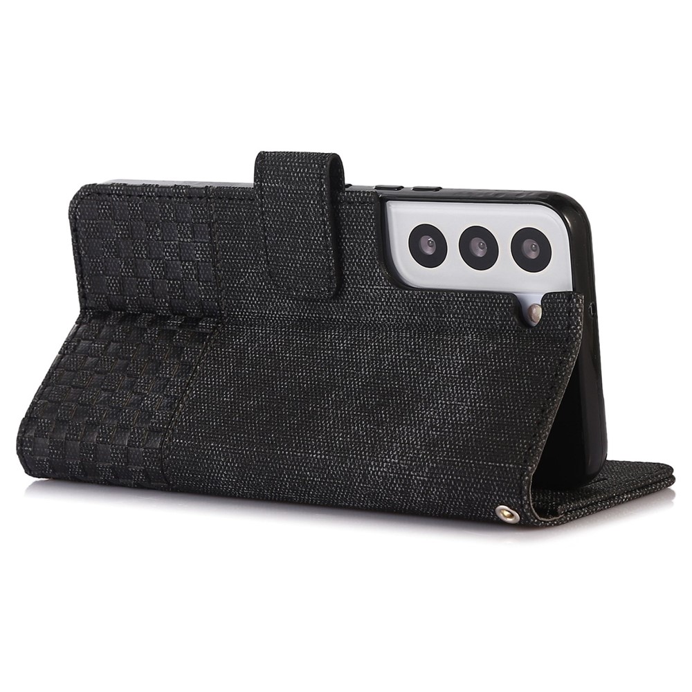 For Samsung Galaxy S22 5G Cloth Texture PU Leather Magnetic Clasp Phone Case All-round Protection Stand Wallet RFID Blocking Cover - Black-4
