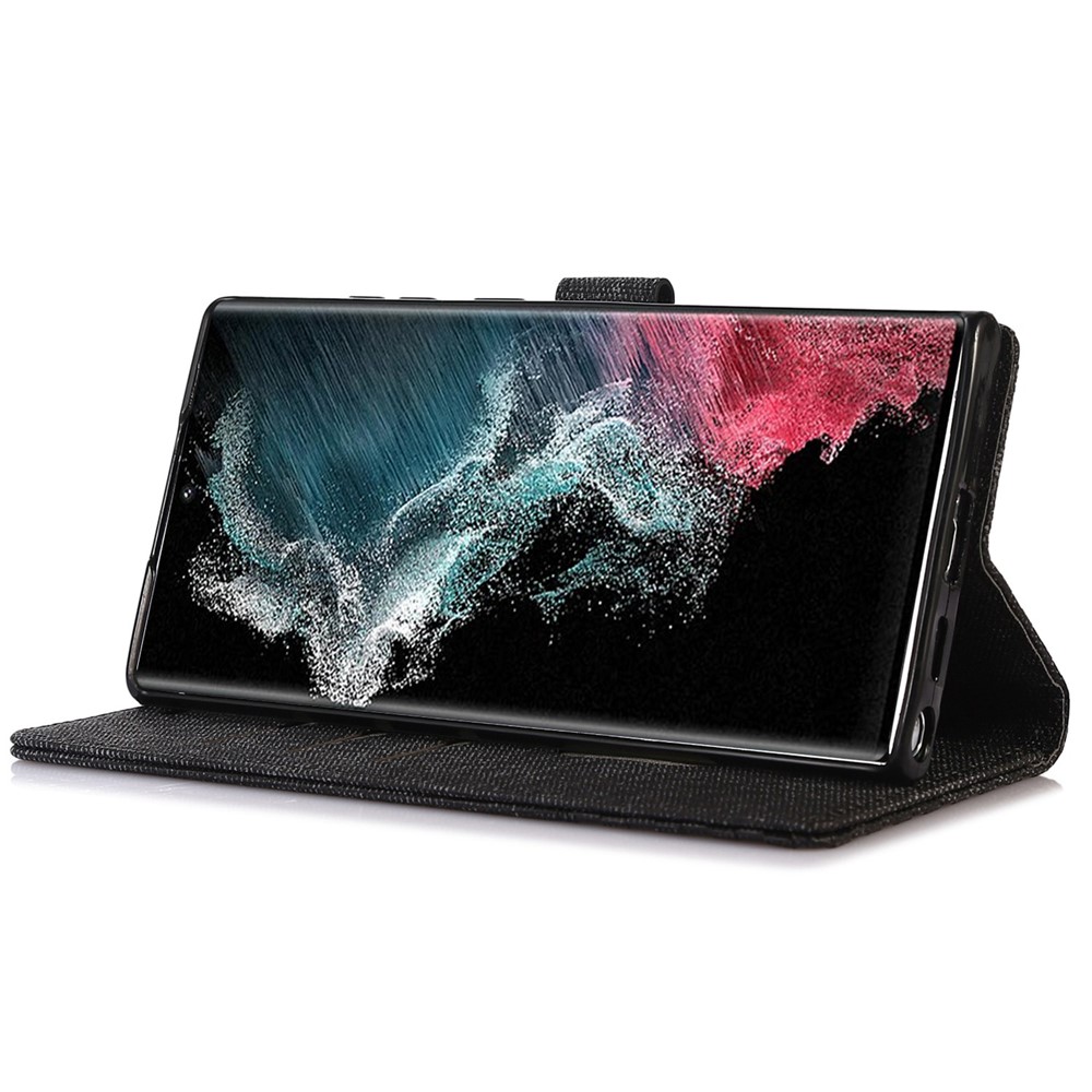 For Samsung Galaxy S22 Ultra 5G Anti-wear Cloth Texture PU Leather Magnetic Case Stand Wallet RFID Blocking Cell Phone Cover - Black-3