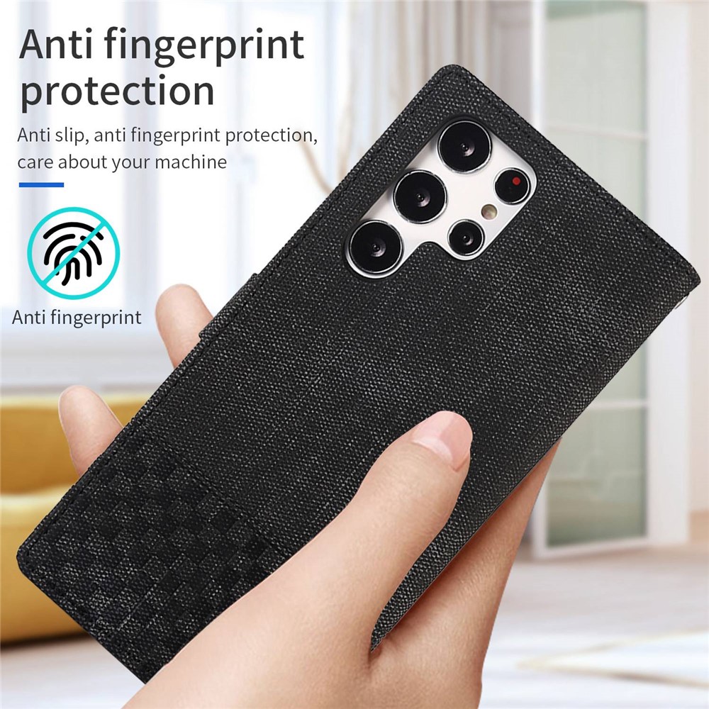 For Samsung Galaxy S22 Ultra 5G Anti-wear Cloth Texture PU Leather Magnetic Case Stand Wallet RFID Blocking Cell Phone Cover - Black-6