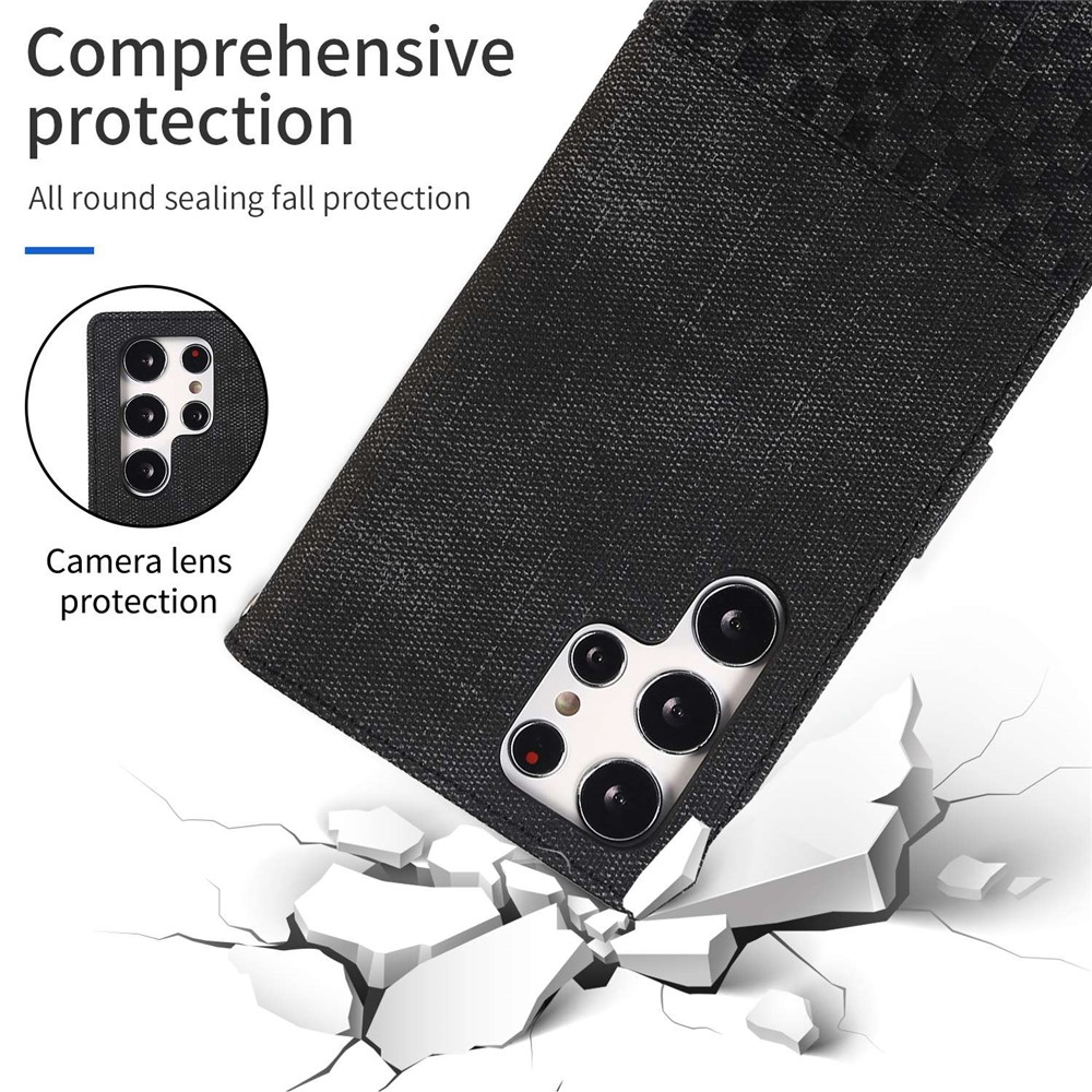 For Samsung Galaxy S22 Ultra 5G Anti-wear Cloth Texture PU Leather Magnetic Case Stand Wallet RFID Blocking Cell Phone Cover - Black-7