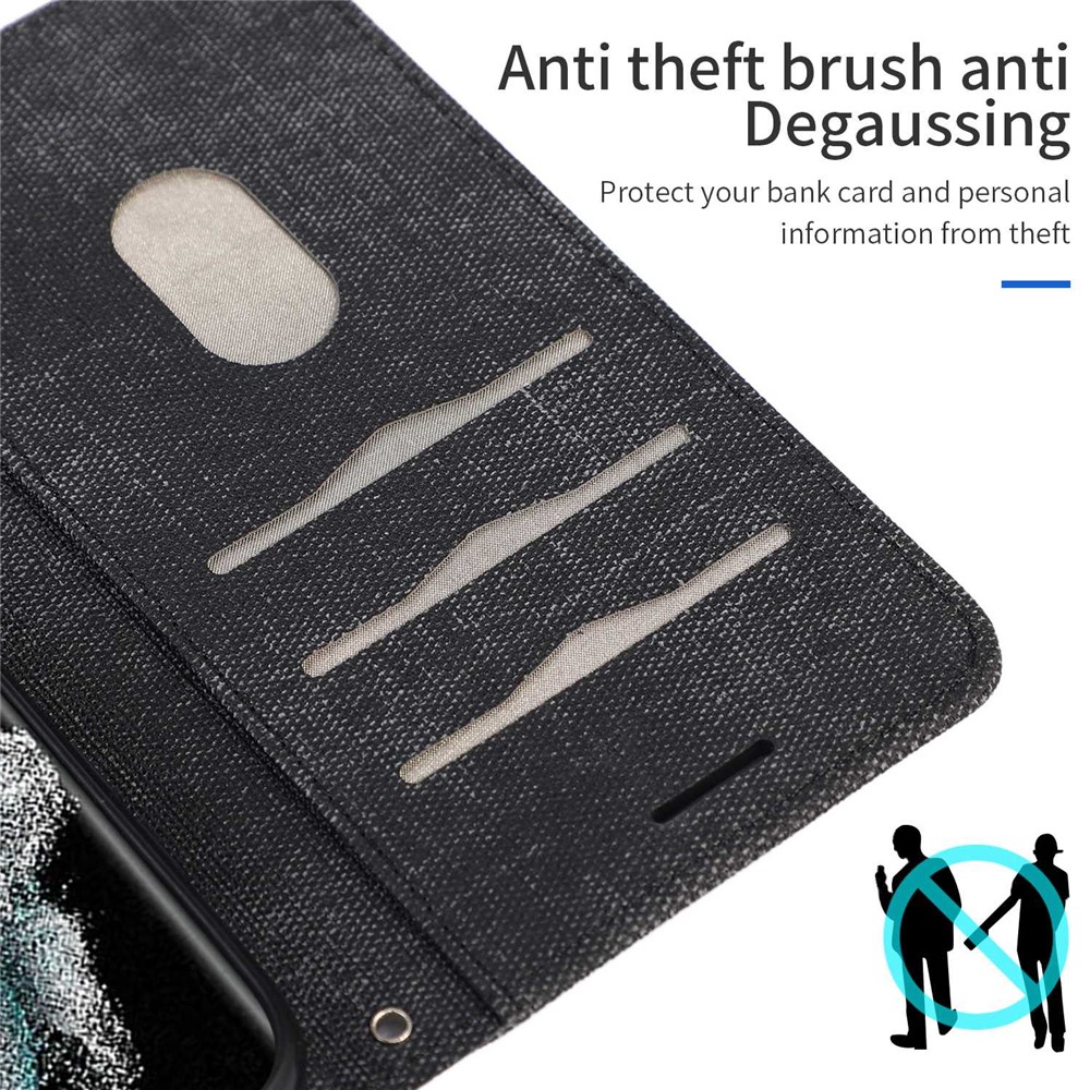 For Samsung Galaxy S22 Ultra 5G Anti-wear Cloth Texture PU Leather Magnetic Case Stand Wallet RFID Blocking Cell Phone Cover - Black-8