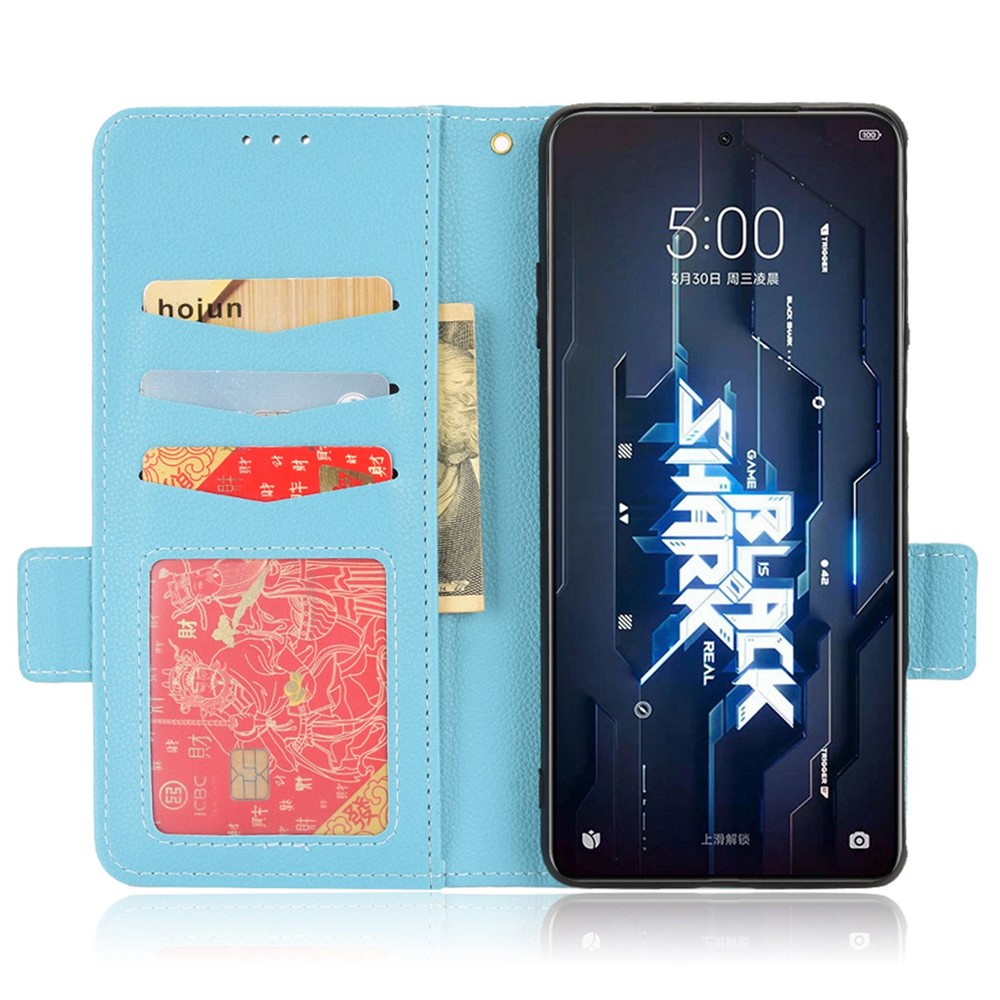 For Xiaomi Black Shark 5 Cell Phone Case Drop-proof Anti-wear Litchi Texture Wallet Stand PU Leather Magnetic Shell - Baby Blue-2