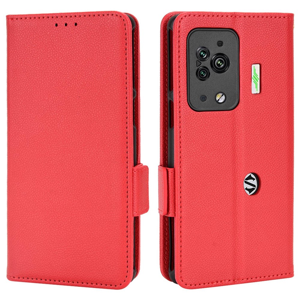 For Xiaomi Black Shark 5 Pro Mobile Phone Case Shockproof Litchi Texture Wallet Stand PU Leather Anti-scratch Magnetic Shell - Red-1