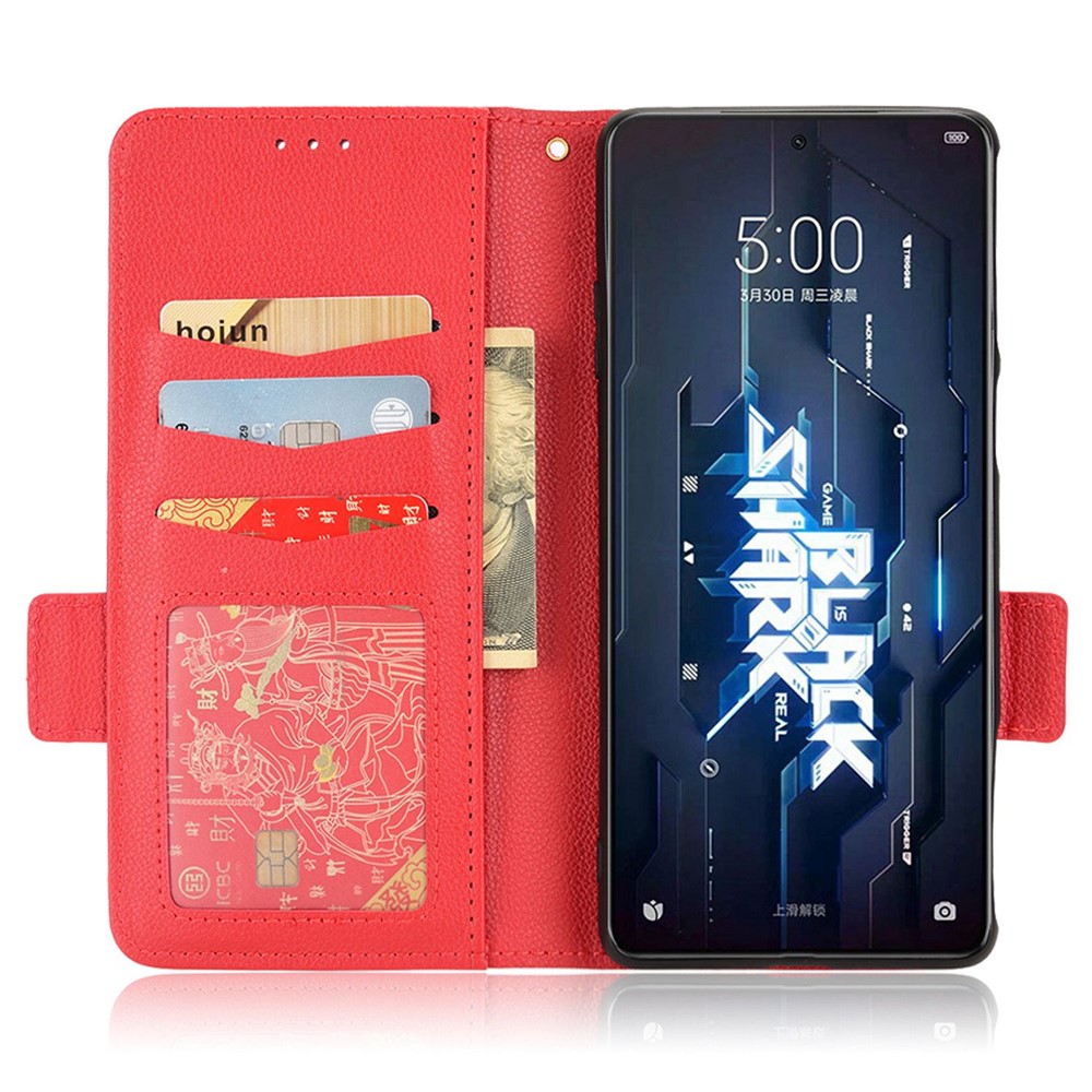 For Xiaomi Black Shark 5 Pro Mobile Phone Case Shockproof Litchi Texture Wallet Stand PU Leather Anti-scratch Magnetic Shell - Red-2