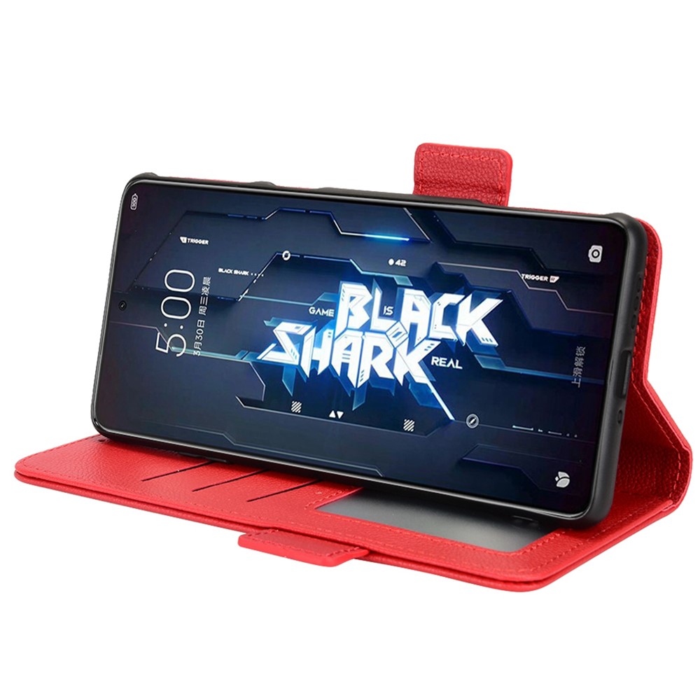 For Xiaomi Black Shark 5 Pro Mobile Phone Case Shockproof Litchi Texture Wallet Stand PU Leather Anti-scratch Magnetic Shell - Red-3