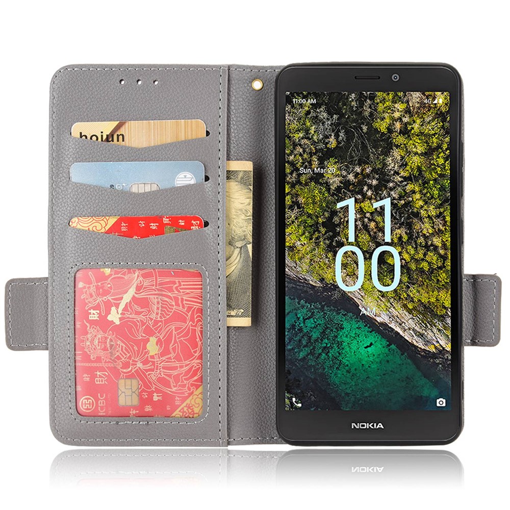 For Nokia C100 4G Protective Phone Case Litchi Texture Wallet Stand Feature PU Leather Anti-fall Magnetic Shell - Grey-2