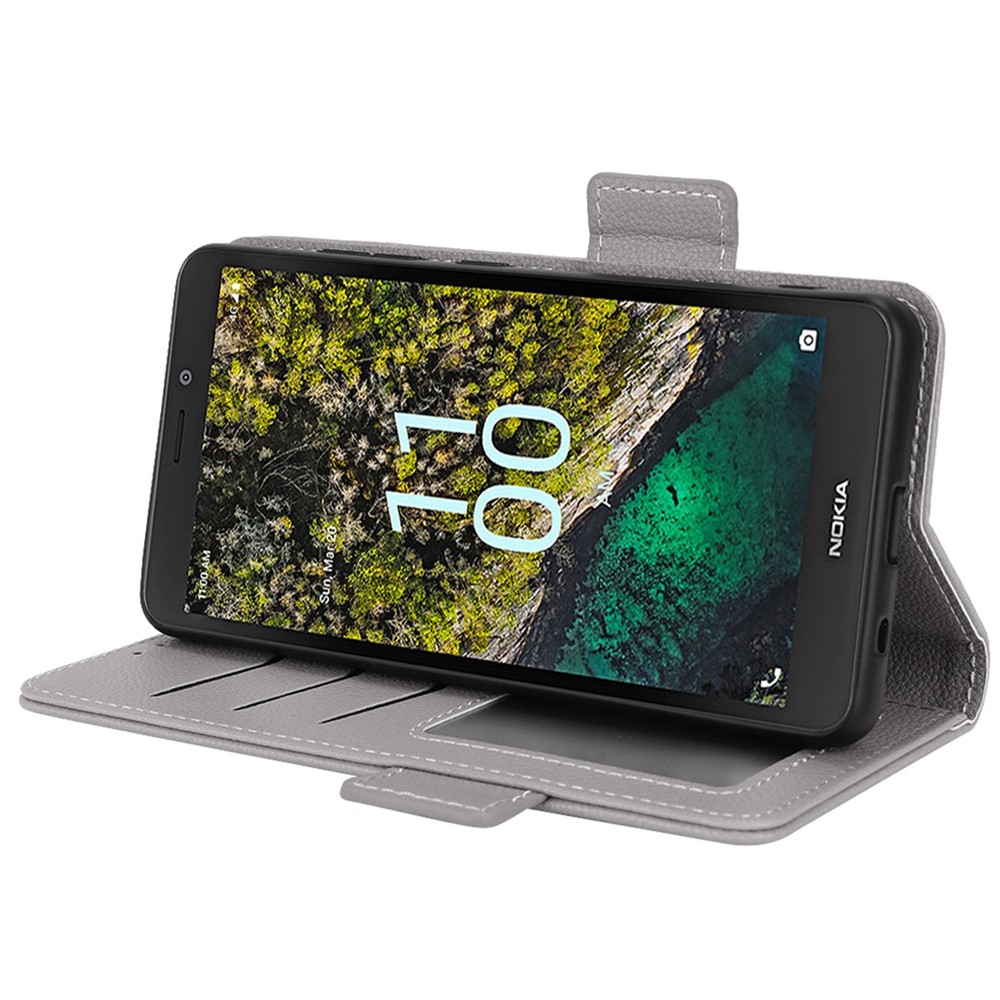 For Nokia C100 4G Protective Phone Case Litchi Texture Wallet Stand Feature PU Leather Anti-fall Magnetic Shell - Grey-3