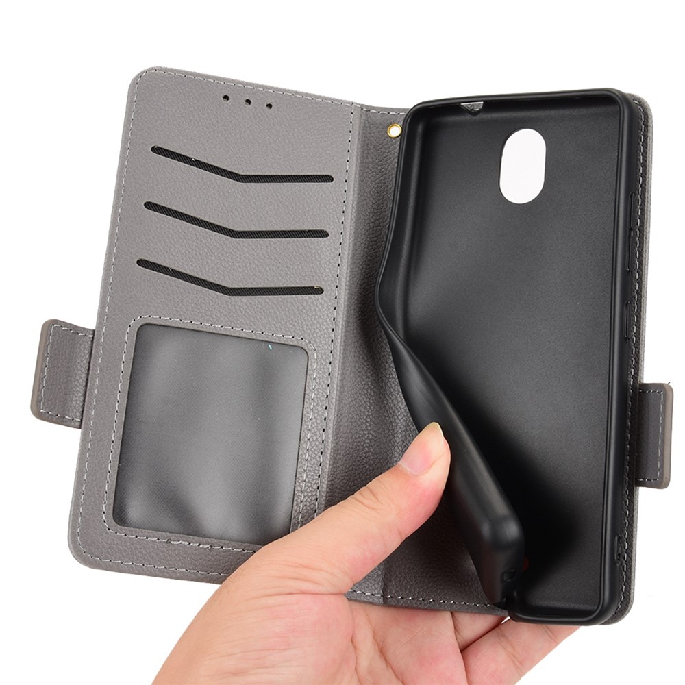 For Nokia C100 4G Protective Phone Case Litchi Texture Wallet Stand Feature PU Leather Anti-fall Magnetic Shell - Grey-6