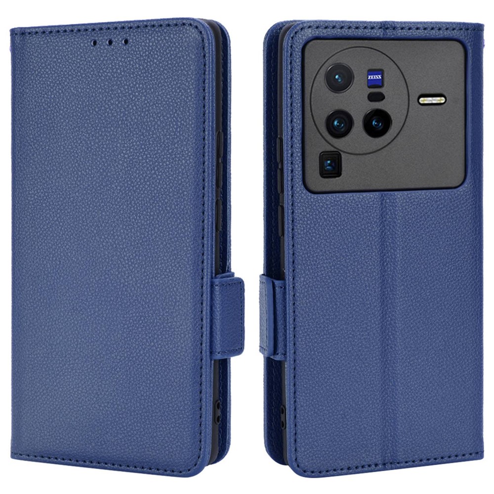 For vivo X80 Pro 5G Protective Phone Case Litchi Texture Wallet Stand Function PU Leather Anti-wear Magnetic Cover - Dark Blue-1