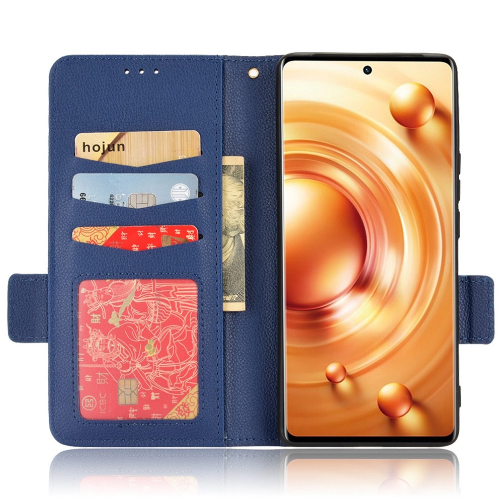 For vivo X80 Pro 5G Protective Phone Case Litchi Texture Wallet Stand Function PU Leather Anti-wear Magnetic Cover - Dark Blue-2