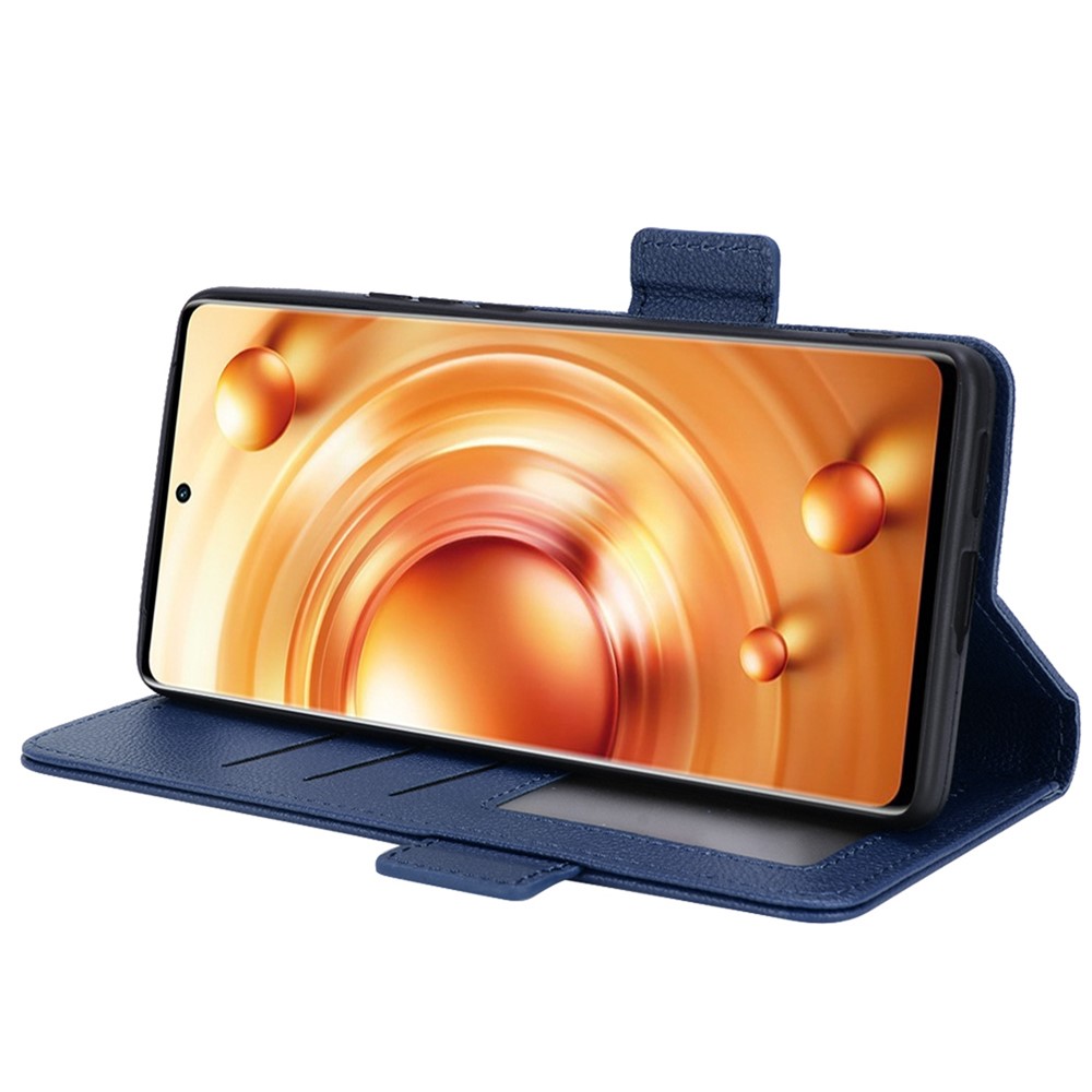 For vivo X80 Pro 5G Protective Phone Case Litchi Texture Wallet Stand Function PU Leather Anti-wear Magnetic Cover - Dark Blue-3