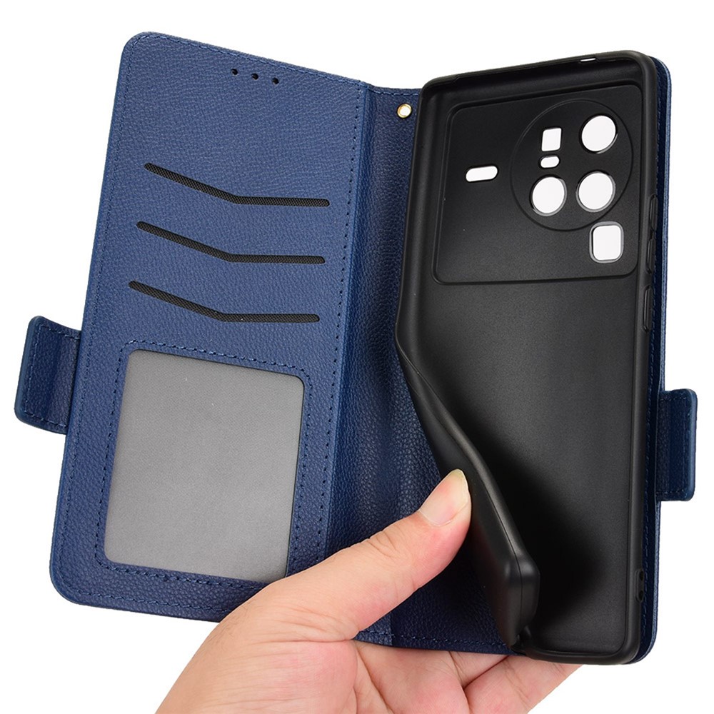 For vivo X80 Pro 5G Protective Phone Case Litchi Texture Wallet Stand Function PU Leather Anti-wear Magnetic Cover - Dark Blue-6