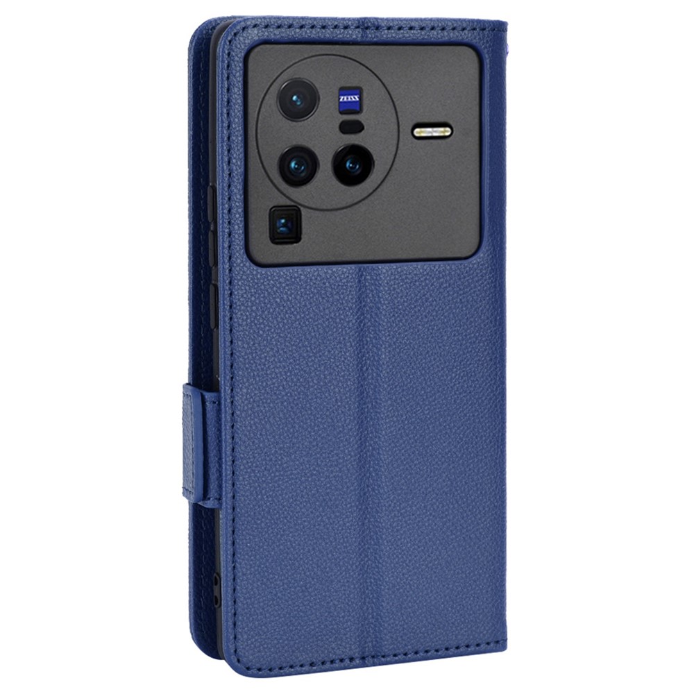 For vivo X80 Pro 5G Protective Phone Case Litchi Texture Wallet Stand Function PU Leather Anti-wear Magnetic Cover - Dark Blue-8