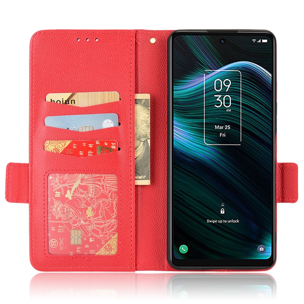 For TCL Stylus 5G Drop Resistant Cell Phone Case Magnetic Wallet Stand PU Leather Litchi Texture Shell - Red-2