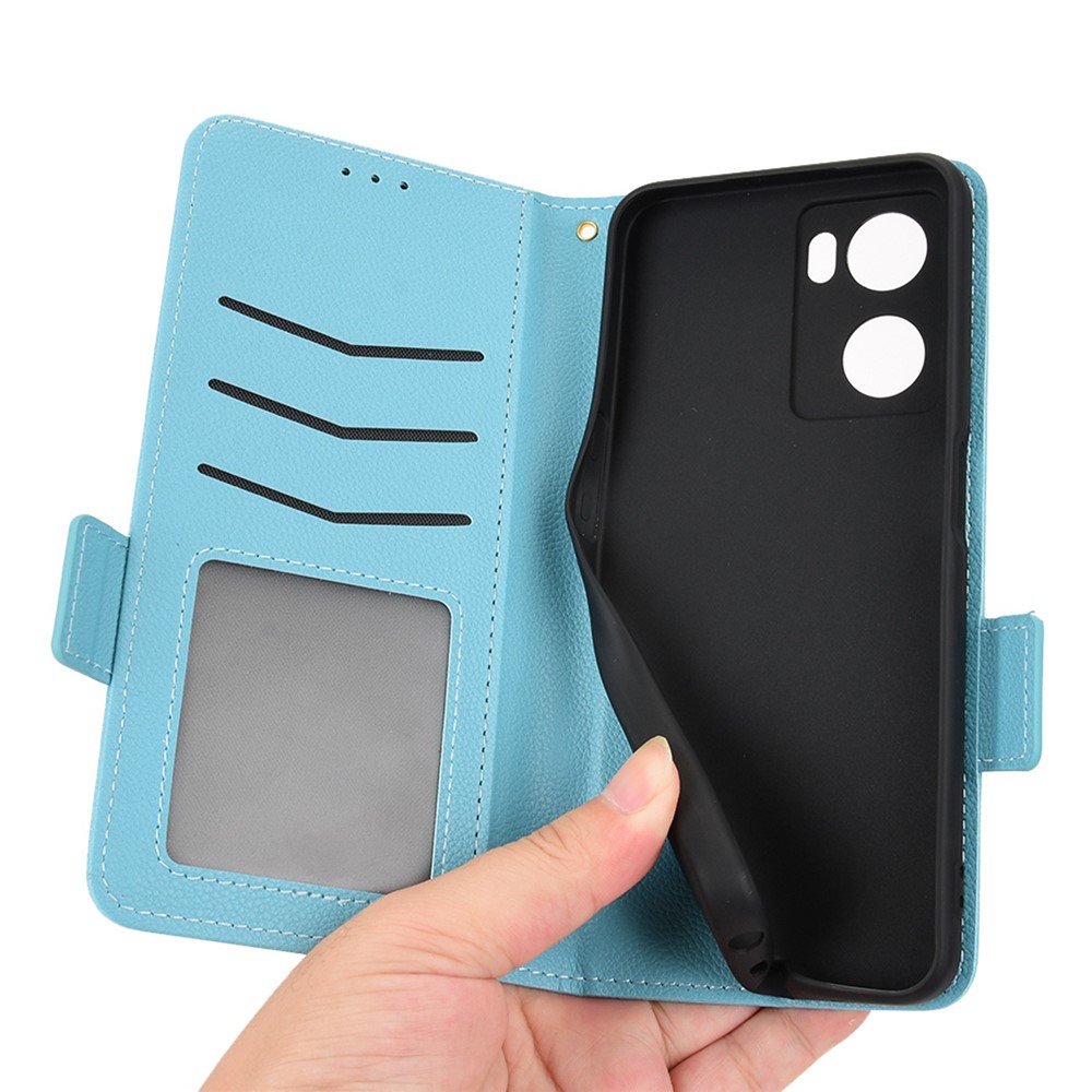 Mobile Phone Cover for Oppo A57 4G / A57 (2022) 5G (Taiwan Version), Magnetic Clasp Flip Wallet Case Stand PU Leather Litchi Texture Shell - Baby Blue-6