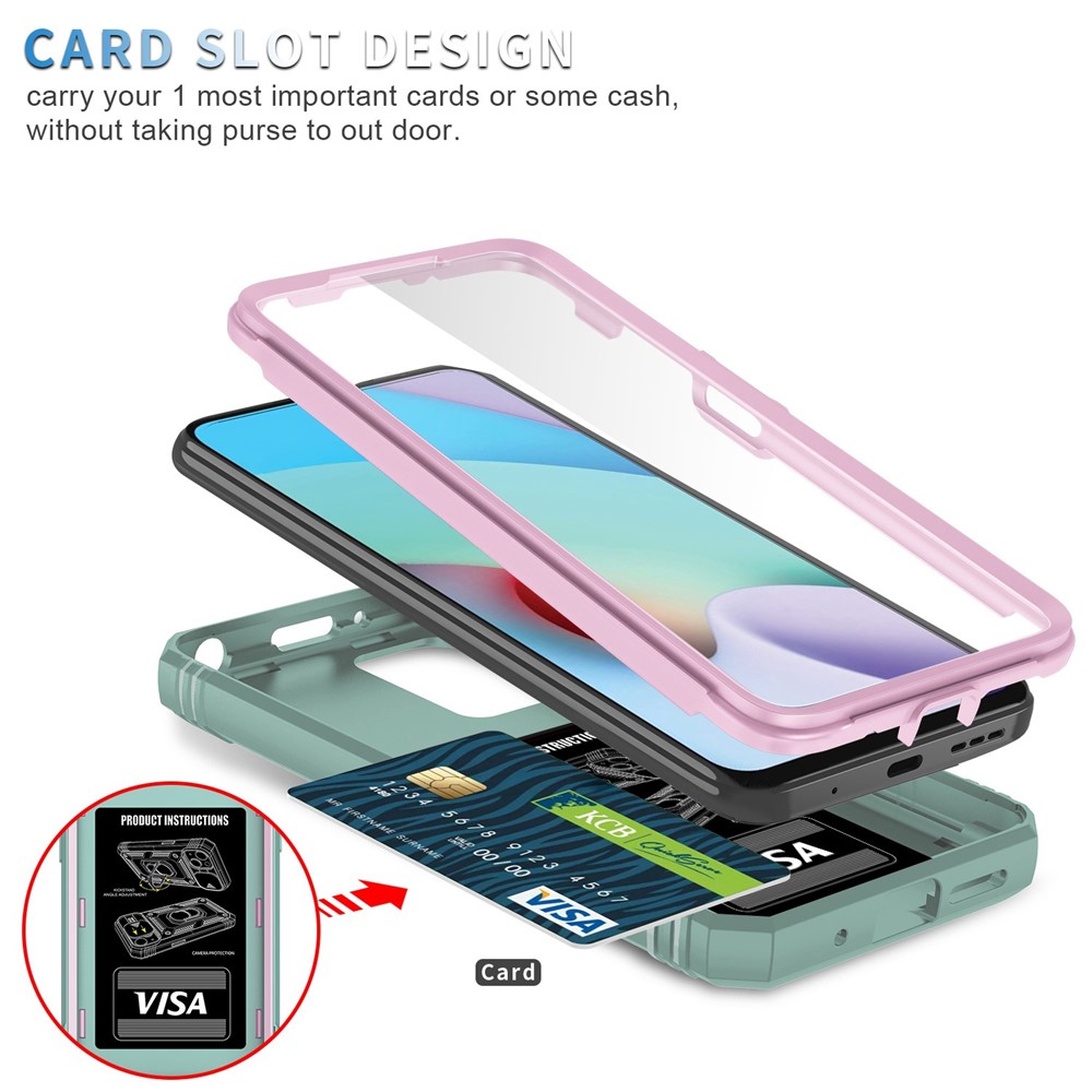 For Xiaomi Redmi 10 4G (2021) / Redmi 10 2022 4G / Redmi Note 11 4G (MediaTek) Sliding Camera Lens Protector Case PC+TPU Kickstand Cover with Card Slot - Pink / Green-11