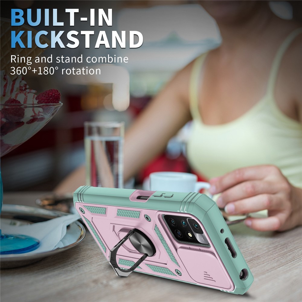 For Xiaomi Redmi 10 4G (2021) / Redmi 10 2022 4G / Redmi Note 11 4G (MediaTek) Sliding Camera Lens Protector Case PC+TPU Kickstand Cover with Card Slot - Pink / Green-2
