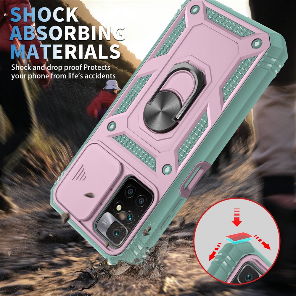 For Xiaomi Redmi 10 4G (2021) / Redmi 10 2022 4G / Redmi Note 11 4G (MediaTek) Sliding Camera Lens Protector Case PC+TPU Kickstand Cover with Card Slot - Pink / Green-3