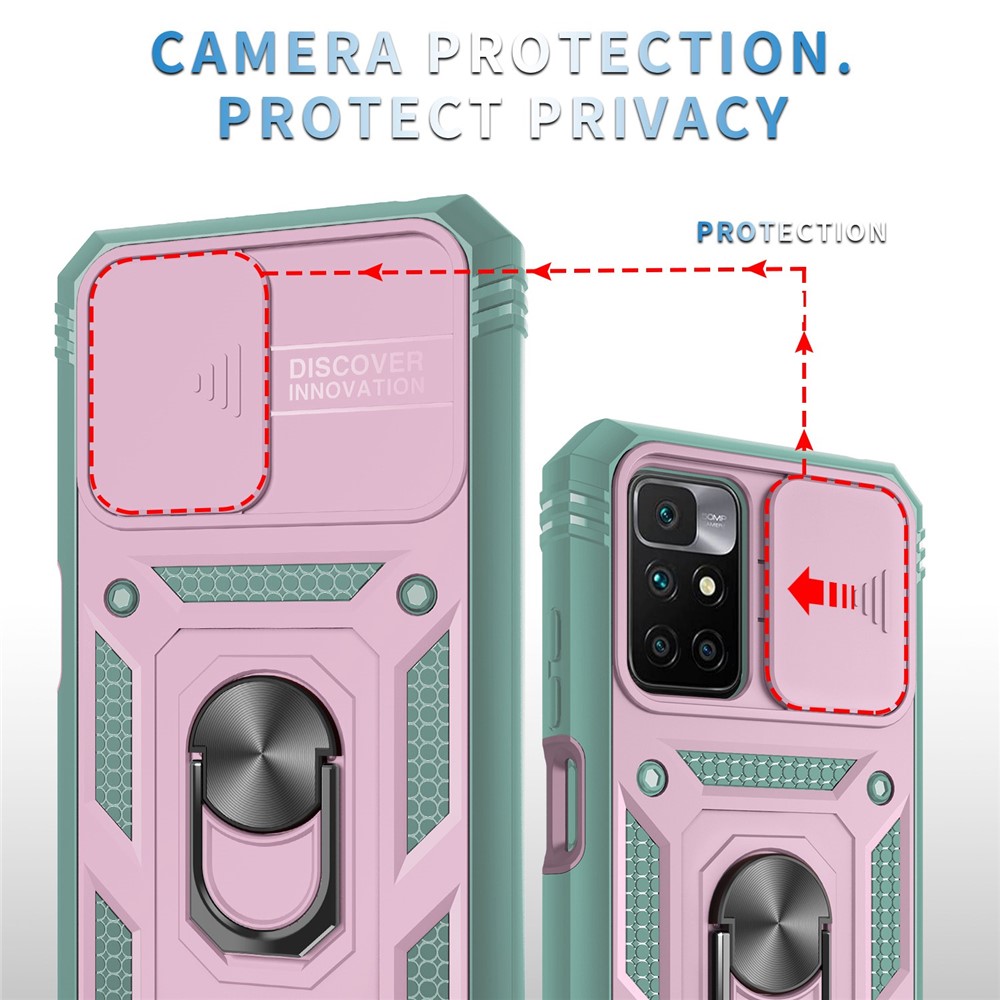 For Xiaomi Redmi 10 4G (2021) / Redmi 10 2022 4G / Redmi Note 11 4G (MediaTek) Sliding Camera Lens Protector Case PC+TPU Kickstand Cover with Card Slot - Pink / Green-5