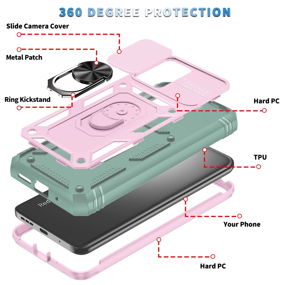 For Xiaomi Redmi 10 4G (2021) / Redmi 10 2022 4G / Redmi Note 11 4G (MediaTek) Sliding Camera Lens Protector Case PC+TPU Kickstand Cover with Card Slot - Pink / Green-6