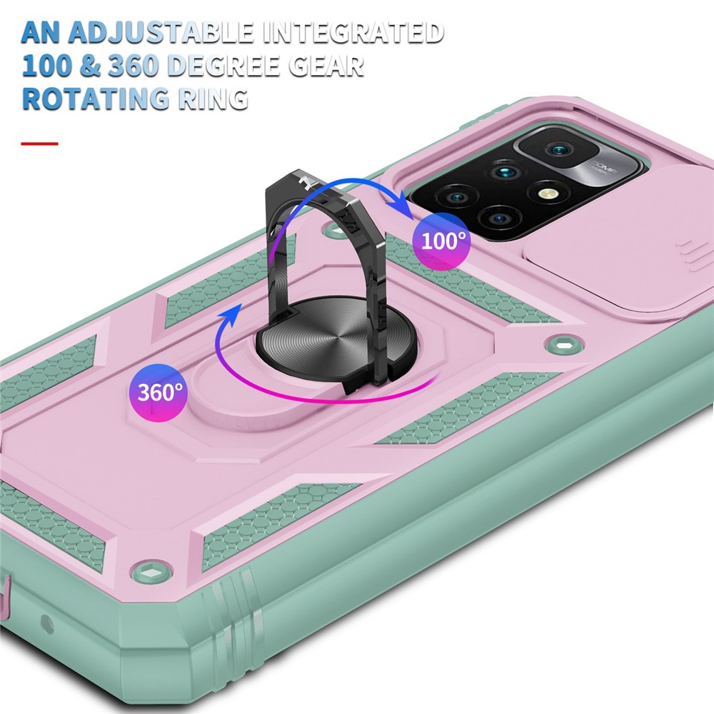For Xiaomi Redmi 10 4G (2021) / Redmi 10 2022 4G / Redmi Note 11 4G (MediaTek) Sliding Camera Lens Protector Case PC+TPU Kickstand Cover with Card Slot - Pink / Green-7