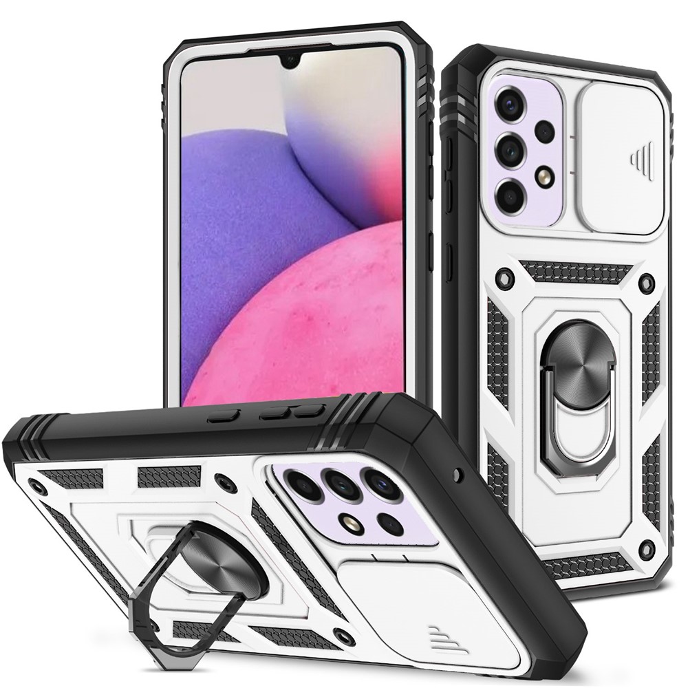 For Samsung Galaxy A33 5G Kickstand Card Holder Phone Case Case Hybrid Soft TPU Hard PC Back Shell with Slide Camera Cover - White / Black-1